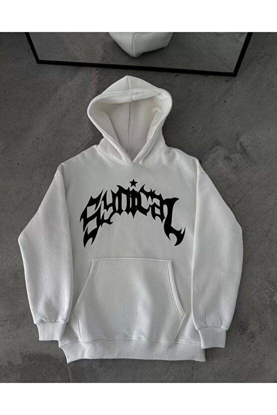 Üç İplik Kapüşonlu Baskılı Oversize SweatShirt- Beyaz