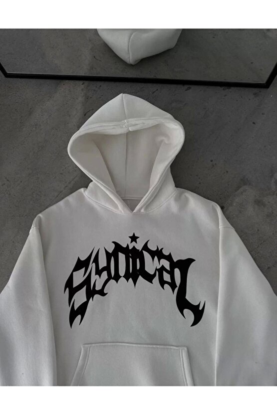Üç İplik Kapüşonlu Baskılı Oversize SweatShirt- Beyaz