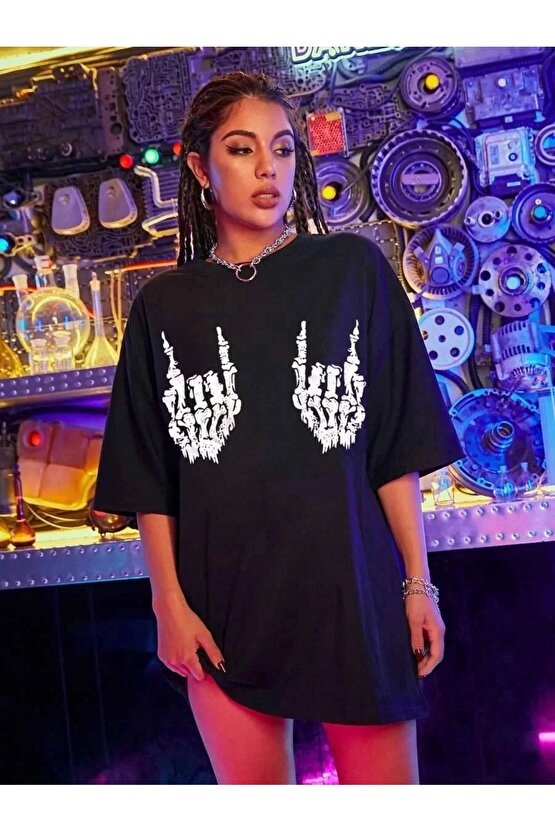Kadın Baskılı Oversize T-shirt - Siyah