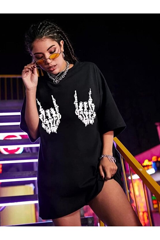 Kadın Baskılı Oversize T-shirt - Siyah
