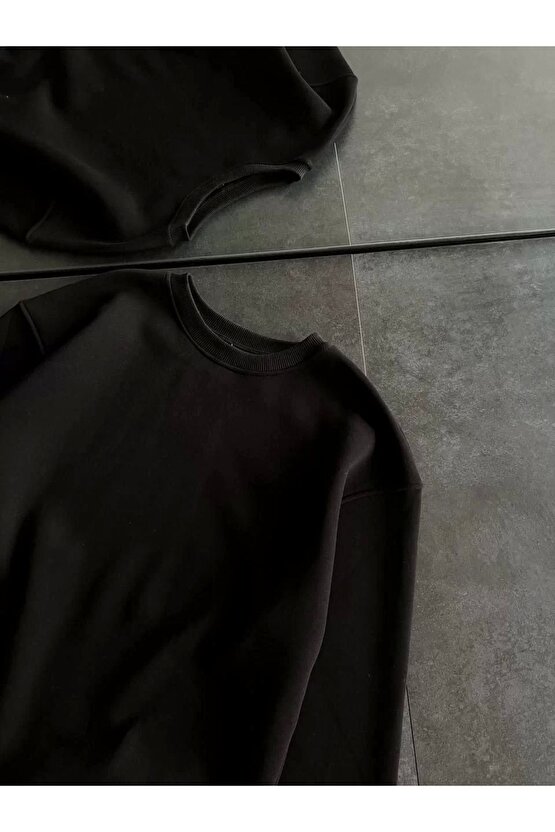 eyesof Kışlık Bisiklet Yaka Üç İplik Basic SweatShirt - Siyah