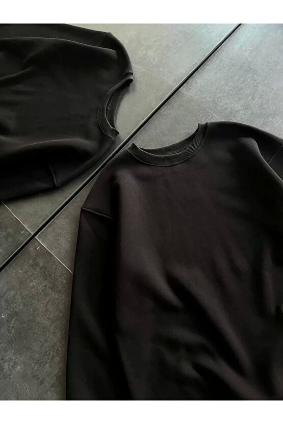 eyesof Kışlık Bisiklet Yaka Üç İplik Basic SweatShirt - Siyah