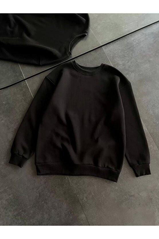 eyesof Kışlık Bisiklet Yaka Üç İplik Basic SweatShirt - Siyah