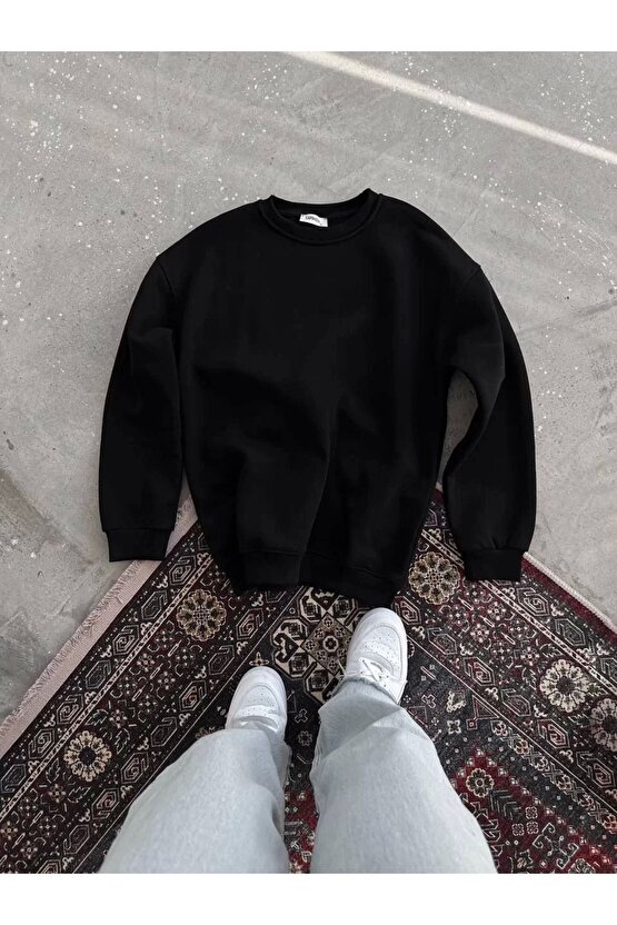 eyesof Kışlık Bisiklet Yaka Üç İplik Basic SweatShirt - Siyah