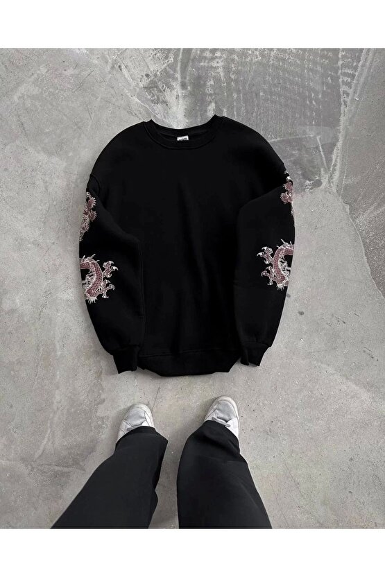 Kadın Bisiklet Yaka Baskılı SweatShirt - Siyah