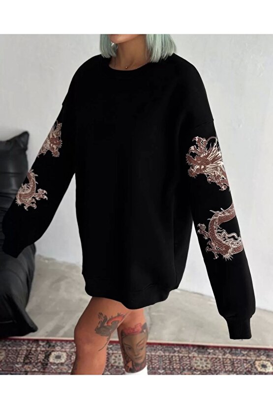 Kadın Bisiklet Yaka Baskılı SweatShirt - Siyah