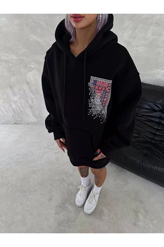 Uzun Kol Kapüşonlu Ön Ve Arka Baskılı SweatShirt - Siyah