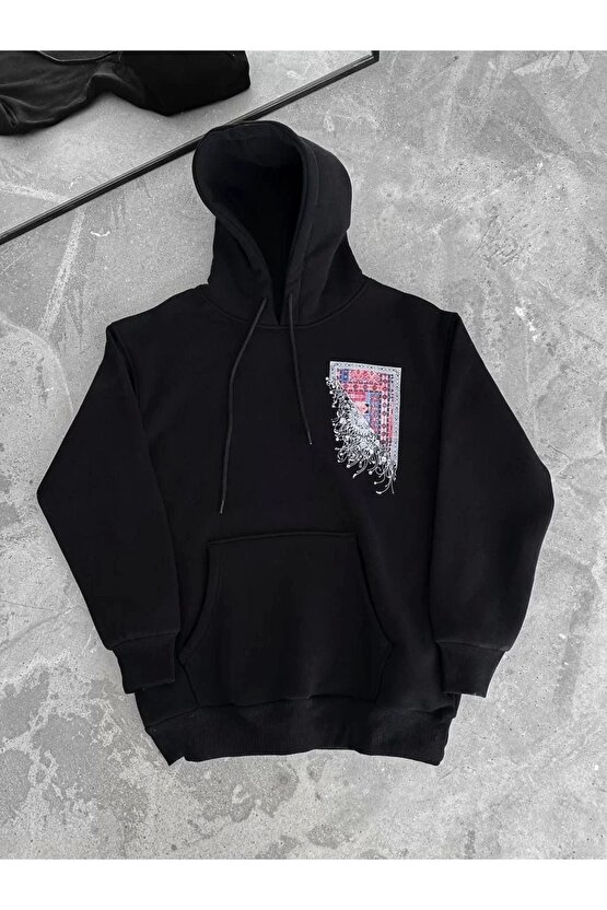 Uzun Kol Kapüşonlu Ön Ve Arka Baskılı SweatShirt - Siyah