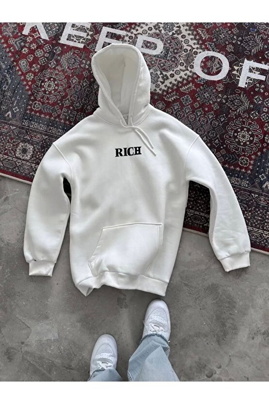 Uzun Kol Kapüşonlu Göğüs Baskılı Sweatshirt - Beyaz