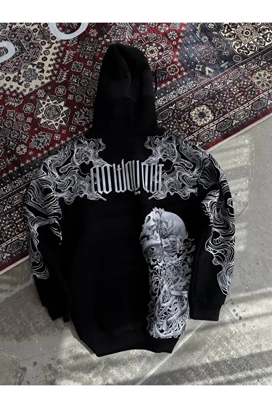 Kışlık Üç İplik Baskılı Kapşonlu SweatShirt - Siyah