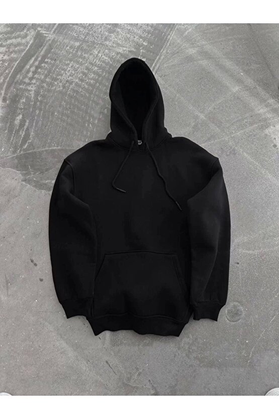 Kapüşonlu Üç İplik Penye Basic SweatShirt - Siyah