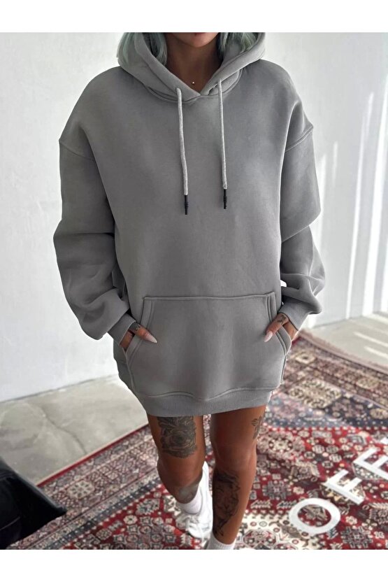 Kapüşonlu Üç İplik Penye Basic SweatShirt - Boyalı Gri