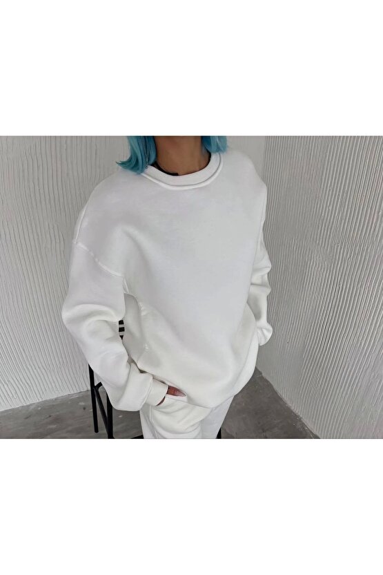 İPEKSİ Kışlık Bisiklet Yaka Üç İplik Basic SweatShirt - Beyaz