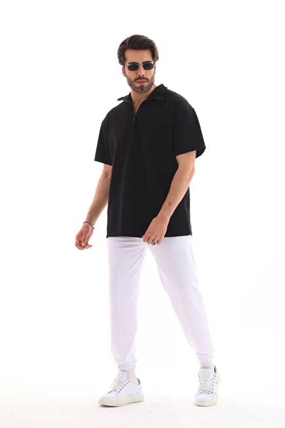 Unisex Bisiklet Yaka Baskılı Oversize T-Shirt - Siyah