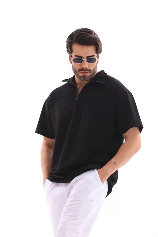 Unisex Bisiklet Yaka Baskılı Oversize T-Shirt - Siyah
