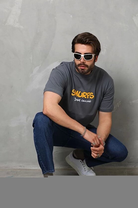Unisex Bisiklet Yaka Baskılı Oversize T-Shirt - Siyah