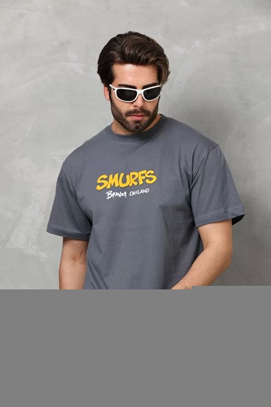 Unisex Bisiklet Yaka Baskılı Oversize T-Shirt - Siyah