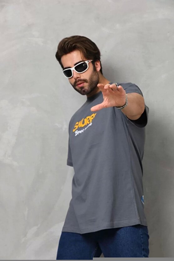 Unisex Bisiklet Yaka Baskılı Oversize T-Shirt - Siyah