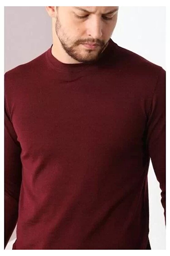 Unisex Uzun Kol Biskilet Yaka Dokuma Triko - Bordo