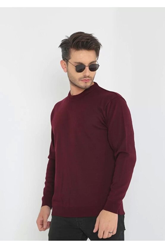 Unisex Uzun Kol Biskilet Yaka Dokuma Triko - Bordo