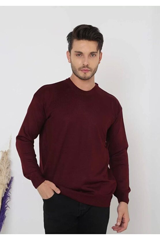 Unisex Uzun Kol Biskilet Yaka Dokuma Triko - Bordo
