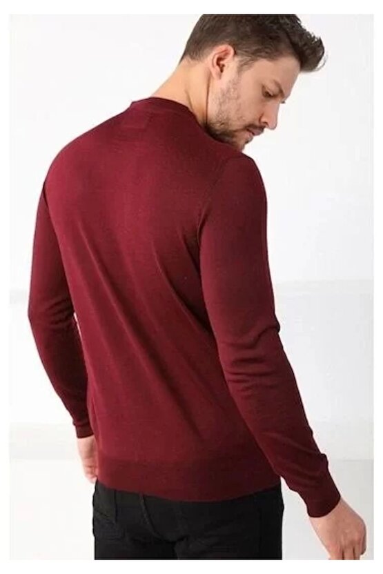 Unisex Uzun Kol Biskilet Yaka Dokuma Triko - Bordo