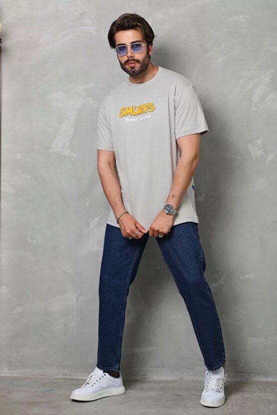 Unisex Basic Bisiklet Yaka Oversize T-shirt - Gri