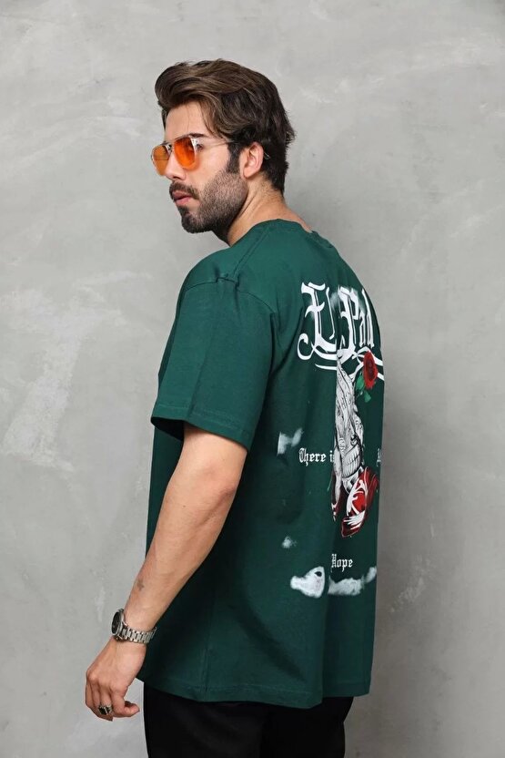 Unisex Bisiklet Yaka Baskılı Oversize T-shirt - Yeşil