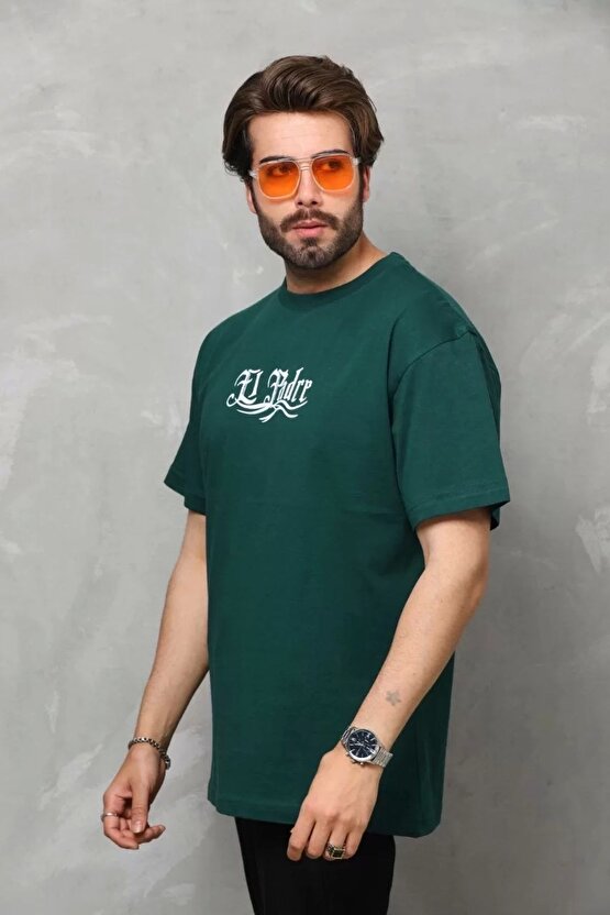 Unisex Bisiklet Yaka Baskılı Oversize T-shirt - Yeşil