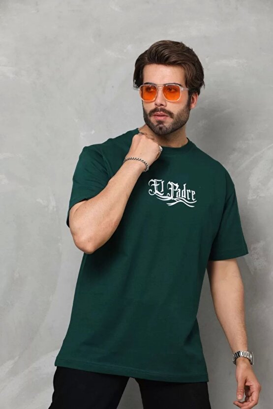 Unisex Bisiklet Yaka Baskılı Oversize T-shirt - Yeşil