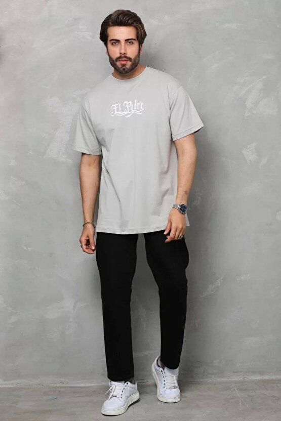 Unisex Bisiklet Yaka Baskılı Oversize T-Shirt - Gri