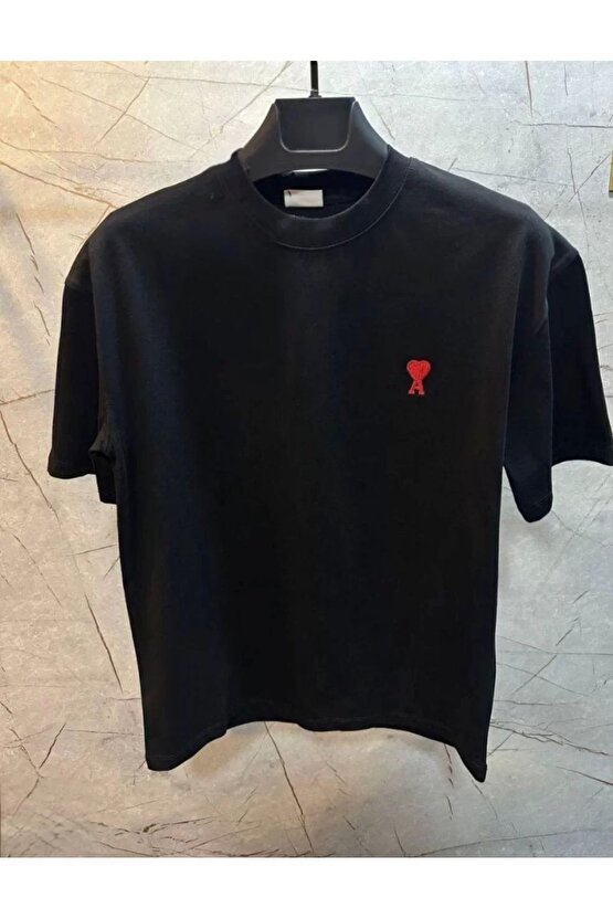 Unisex Bisiklet Yaka Baskılı Oversize T-Shirt - Siyah