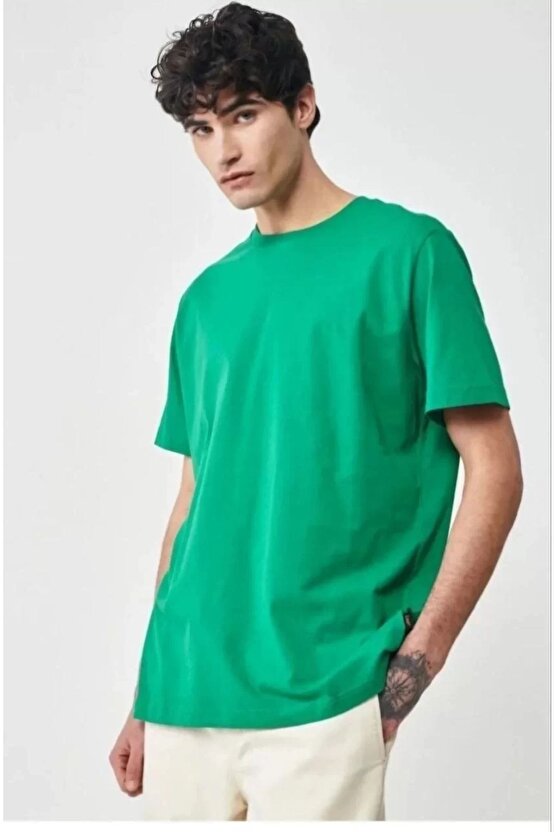 Unisex Düz Biskilet Yaka Oversize T-shirt - Yeşil