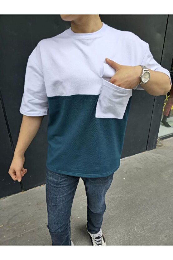 Unisex Torba Cep Detaylı Parçalı T-shirt - Lacivert