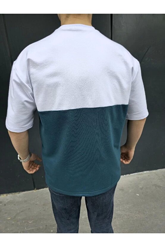 Unisex Torba Cep Detaylı Parçalı T-shirt - Lacivert