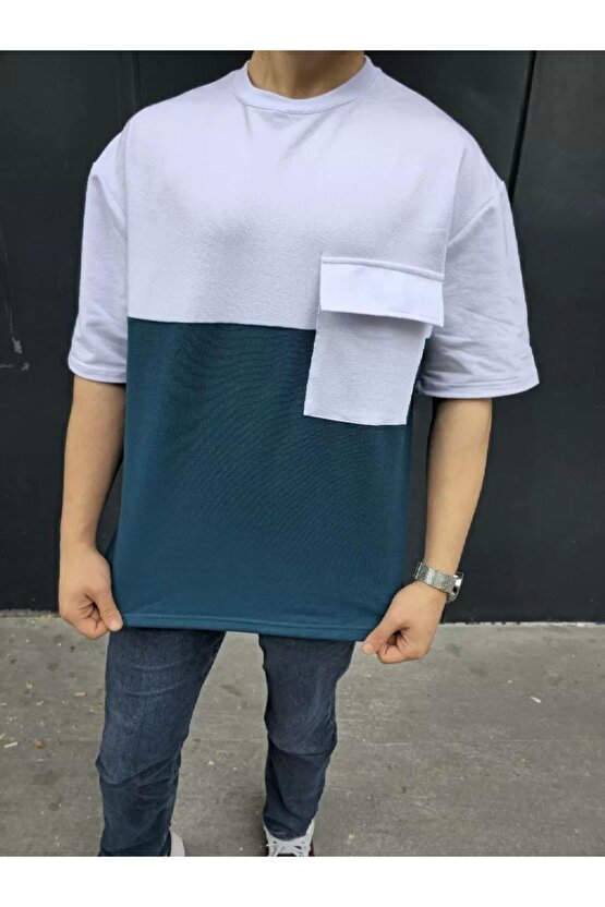 Unisex Torba Cep Detaylı Parçalı T-shirt - Lacivert