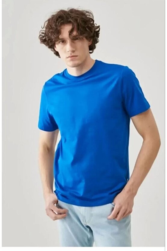 eyesof Unisex Düz Biskilet Yaka Oversize T-shirt - Mavi