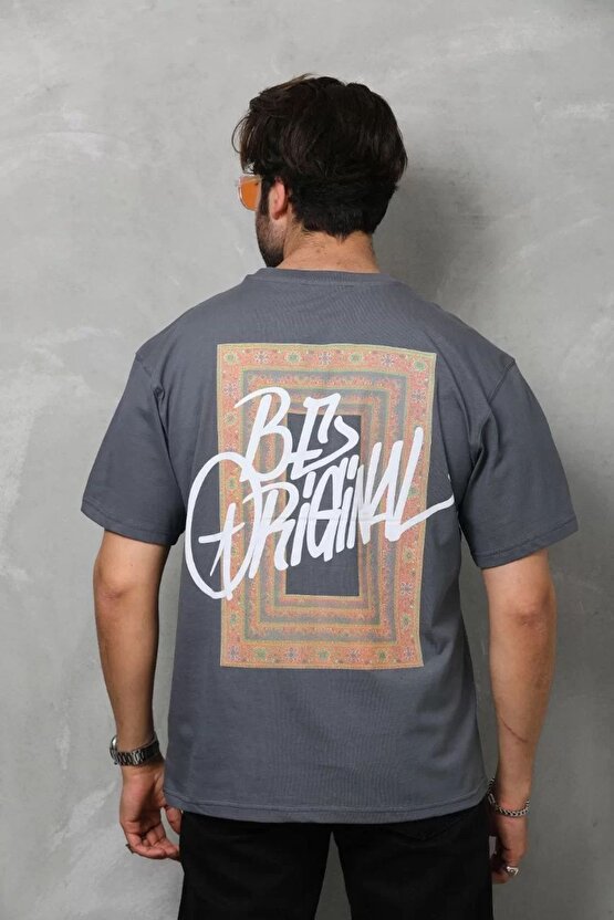 eyesof Unisex Bisiklet Yaka Baskılı Oversize T-Shirt - Füme