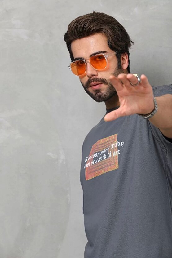 eyesof Unisex Bisiklet Yaka Baskılı Oversize T-Shirt - Füme