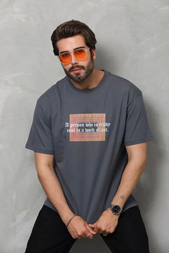 eyesof Unisex Bisiklet Yaka Baskılı Oversize T-Shirt - Füme