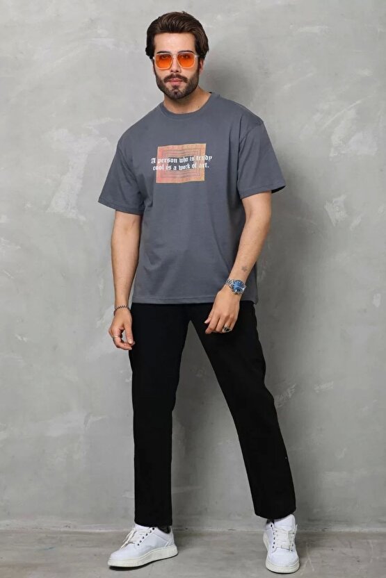 eyesof Unisex Bisiklet Yaka Baskılı Oversize T-Shirt - Füme