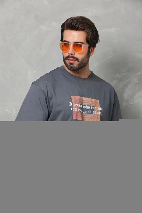 Unisex Bisiklet Yaka Baskılı Oversize T-Shirt - Siyah