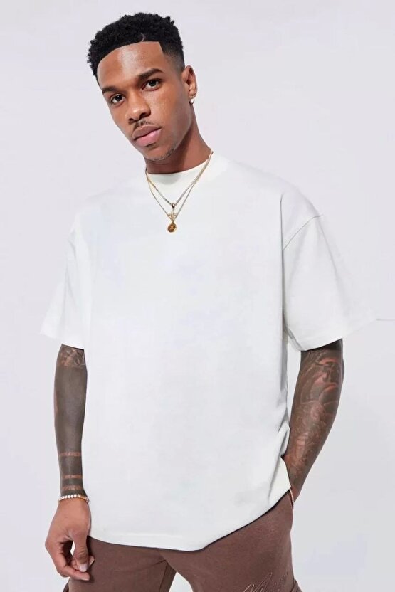 Unisex Basic Bisiklet Yaka Oversize T-shirt - Beyaz