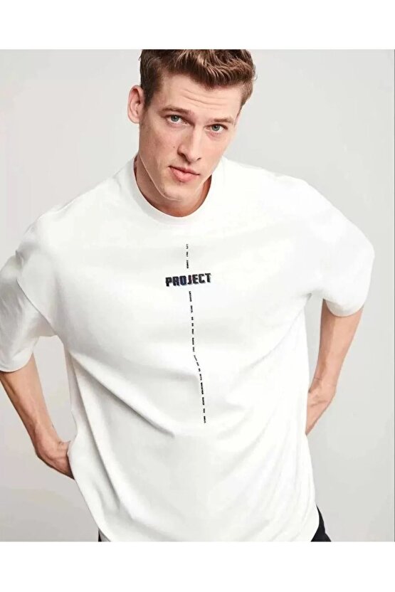 Unisex Bisiklet Yaka Baskılı Oversize T-Shirt - Beyaz