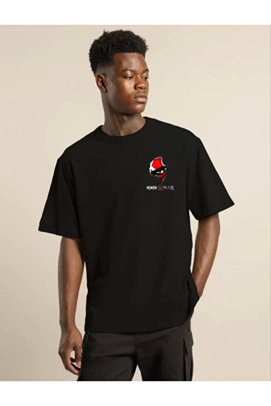 Unisex Bisiklet Yaka Baskılı Oversize T-Shirt - Siyah