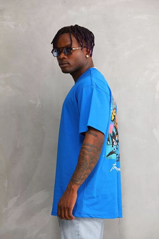 Unisex Bisiklet Yaka Baskılı Oversize T-Shirt - Mavi