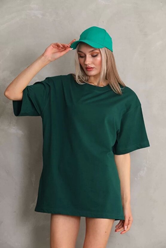 Unisex Bisiklet Yaka 201 Düz Oversize T-Shirt - Yeşil