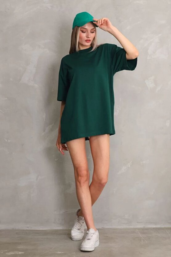 Unisex Bisiklet Yaka 201 Düz Oversize T-Shirt - Yeşil
