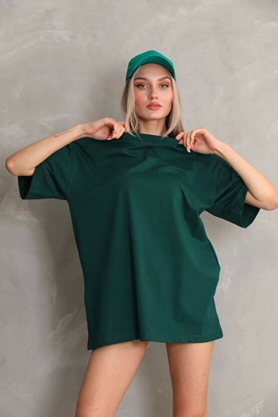 Unisex Bisiklet Yaka 201 Düz Oversize T-Shirt - Yeşil