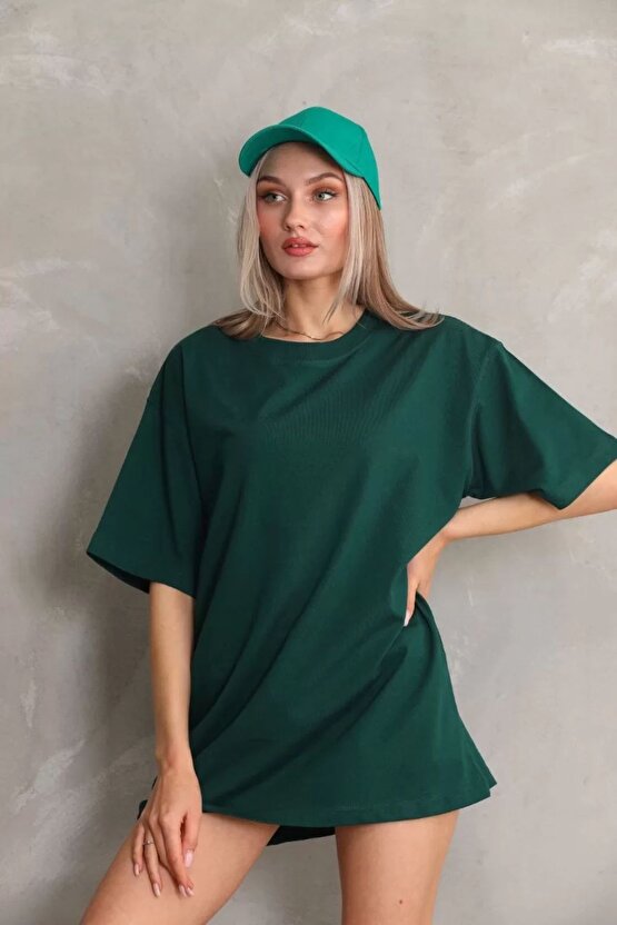Unisex Bisiklet Yaka 201 Düz Oversize T-Shirt - Yeşil